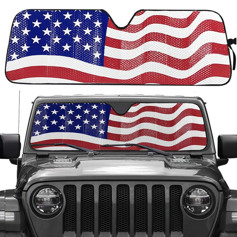 BIGANT Windshield Sun Shade for 2007-2023 Wrangler Rubicon Sahara TJ JK JKU 2 & 4 Door-Blocks UV Rays Sun Visor Protector,Car Sun Shade Keep Your Vehicle Cool,American Flag Car Sun Shade - Image 1